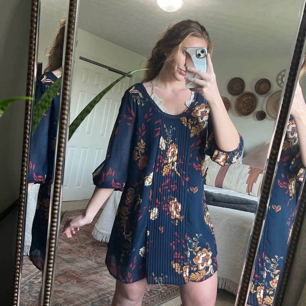 Navy Floral Open Sleeve Flowy Dress